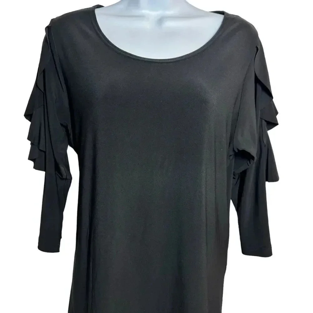 Sympli size 12 Black stretch jersey knit top ruffle sleeves scoop neck